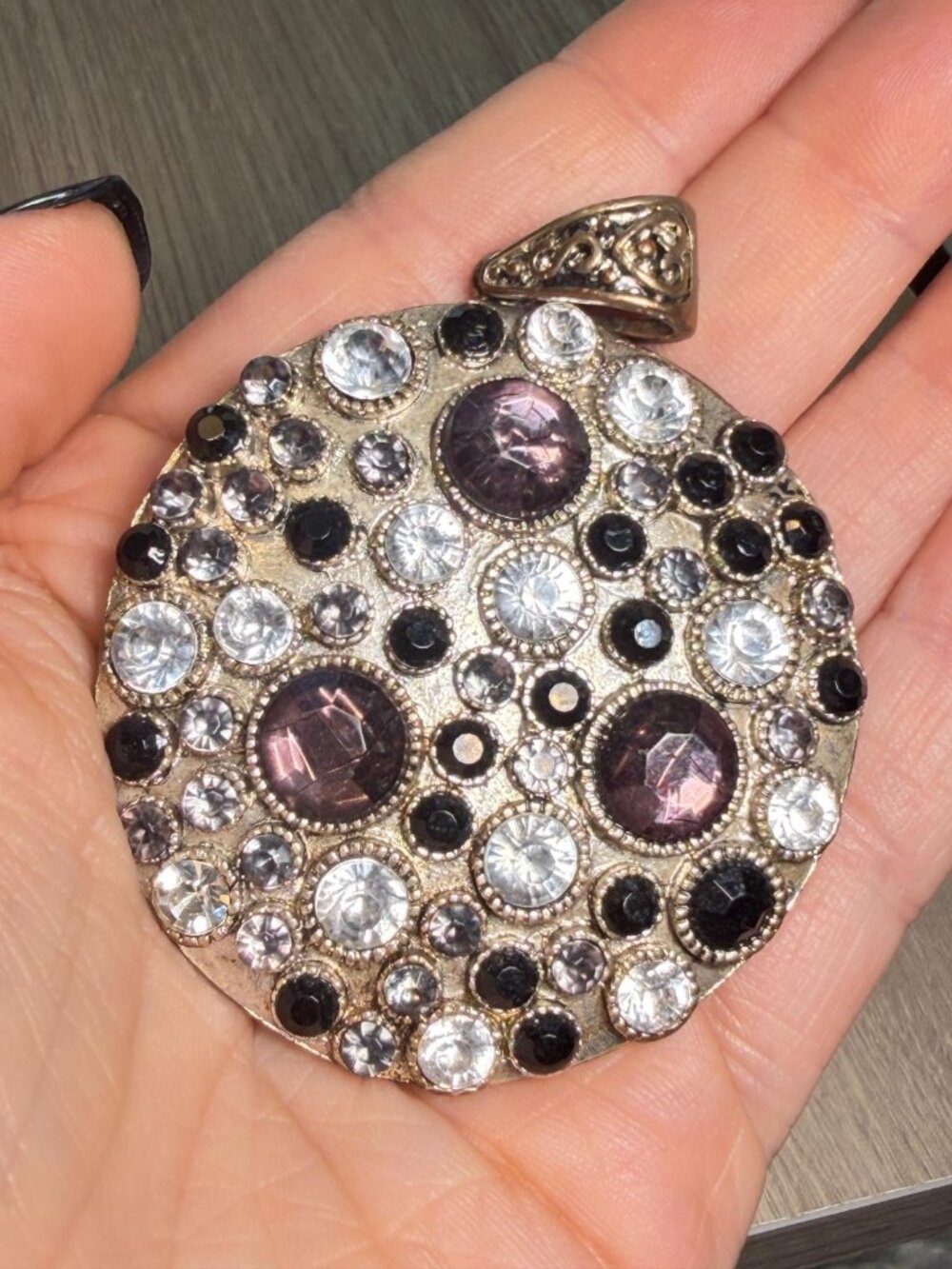 Vintage Rhinestone Pendant Purple Black Clear Statement Charm 2.75"